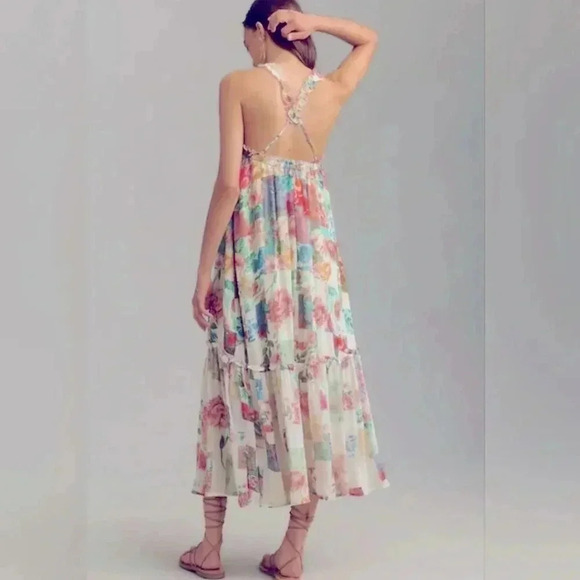 NWT Anthropologie Chiffon Floral Smock Cottagecore Midi Dress Size Medium - Picture 4 of 9